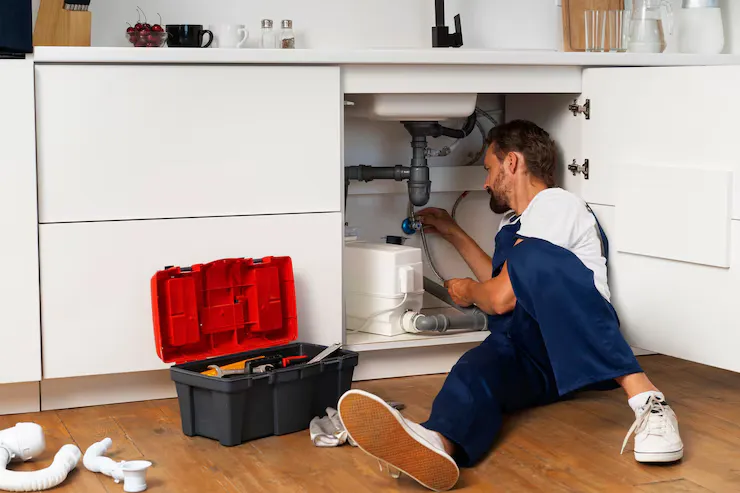 Licensed plumber performing emergency sewer line inspection