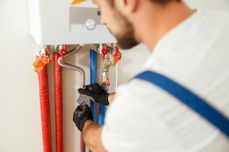 Technician installing a standard water heater in a residential utility room
