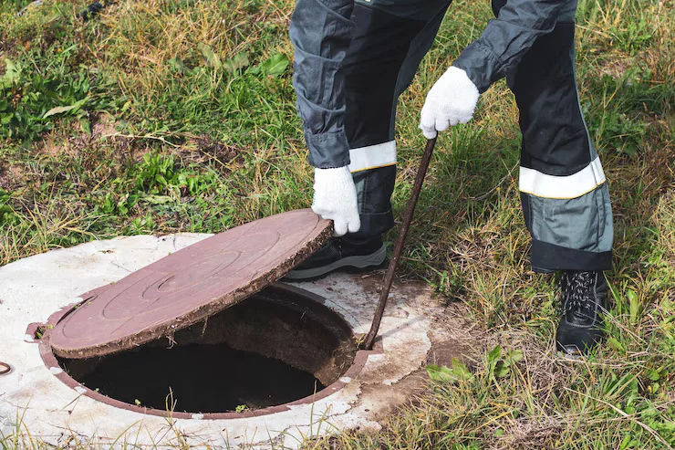 Technician performing a septic tank repair inspection in a residential backyard in Southwest Florida