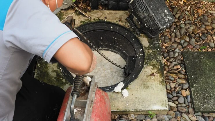 Technician performing sump pump service during installation in a residential basement