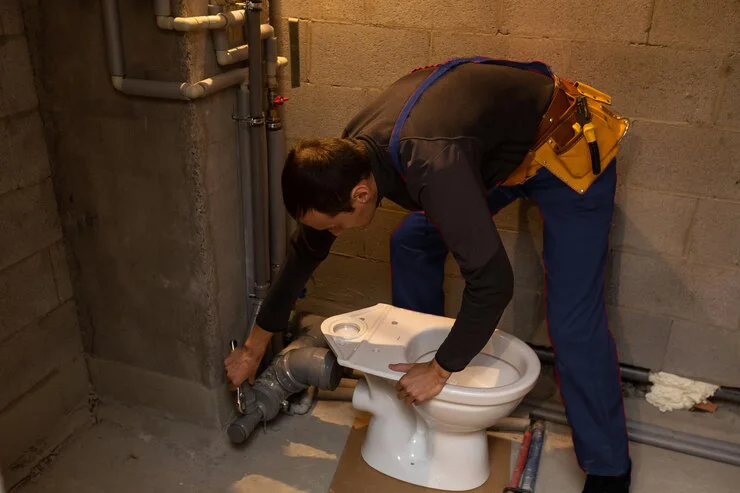 plumber doing toilet repair on a commercial place