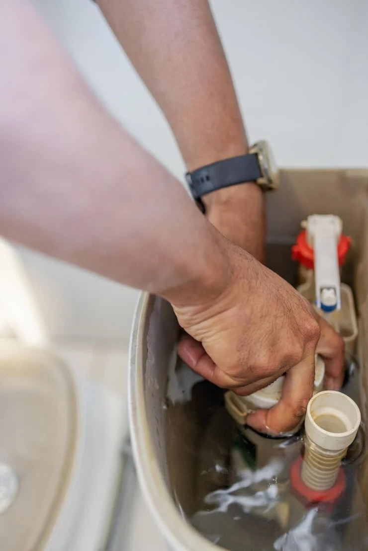 plumber repairing a fill valve inside a toilet tank